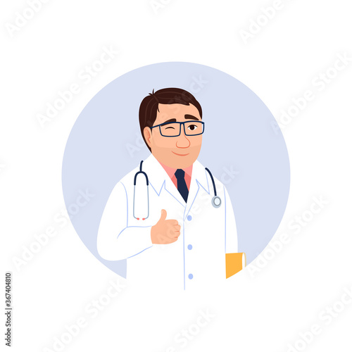 Young smiling Caucasian male doctor portrait in lab coat with stethoscope shows thumb up sign wink. Flat circle avatar icon of physician person approval ok gesture. Medical cartoon vector illustration