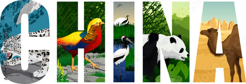 vector China word with snow leopard,  Golden pheasant, Red-crowned crane,  camel, giant panda and great wall