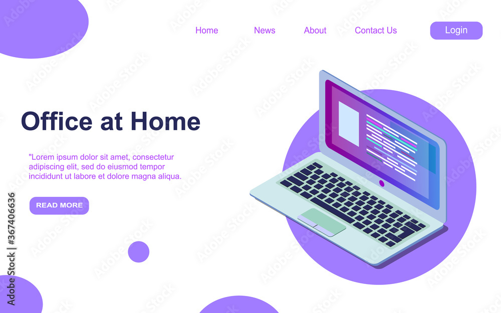 Office at home banner. Remote work concept. Vector landing page of home freelance using notebook, distant business with isometric illustration of laptop EPS Office at home banner. Remote work concept. Vector landing page of home freelance using notebook, distant business with isometric illustration of laptop EPS