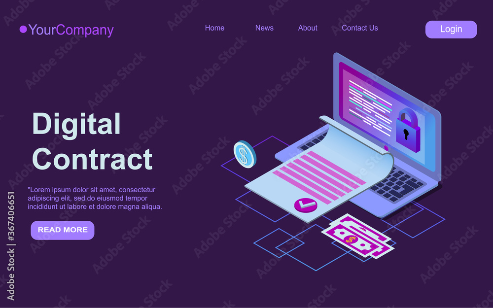 Electronic contract isometric web banner, e-signature on document at laptop screen digital signing service secured internet technology, 3d vector landing page EPS Electronic contract isometric web banner, e-signature on document at laptop screen digital signing service secured internet technology, 3d vector landing page EPS