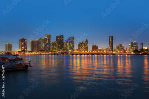Miami night downtown. Panoramic view of Miami skyline and coastline.