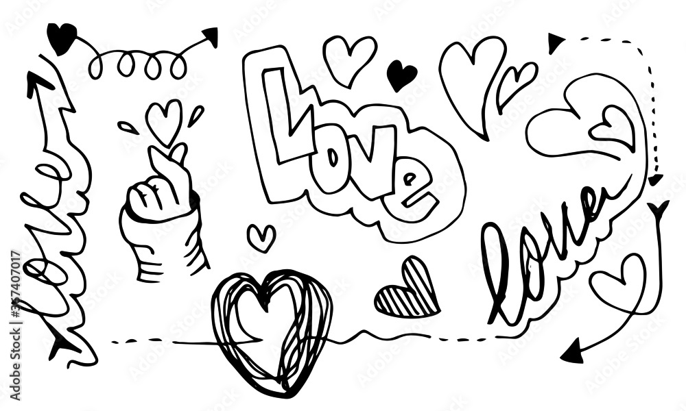sketchy love and hearts doodles isolated on white background.vector illustration. sketchy love and hearts doodles isolated on white background.vector illustration.