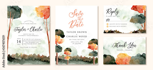 wedding invitation set with autumn tree landscape watercolor