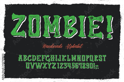  Vintage Hand Drawn Typeface "Zombie". Retro Styled Textured Font With Added Shadow Effect. Vector Illustration