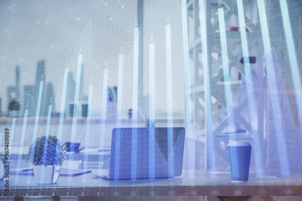 Double exposure of stock market graph drawing and office interior background. Concept of financial analysis. Double exposure of stock market graph drawing and office interior background. Concept of financial analysis.