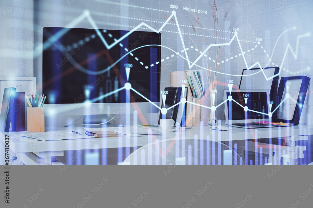 Double exposure of stock market graph drawing and office interior background. Concept of financial analysis. Double exposure of stock market graph drawing and office interior background. Concept of financial analysis.