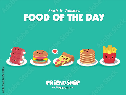 Vintage food poster design with pizza, burger, fries, ribs, pancake characters.