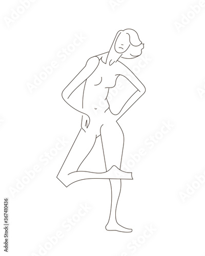 One line woman  Hand-drawn picture silhouette. Vector illustration Woman model poses for drawing. Black outline isolated on a white background. Minimalistic poster for printing pictures or textiles