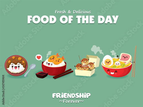 Vintage Japanese food poster design with vector rice and tempura characters. Chinese word means sushi.