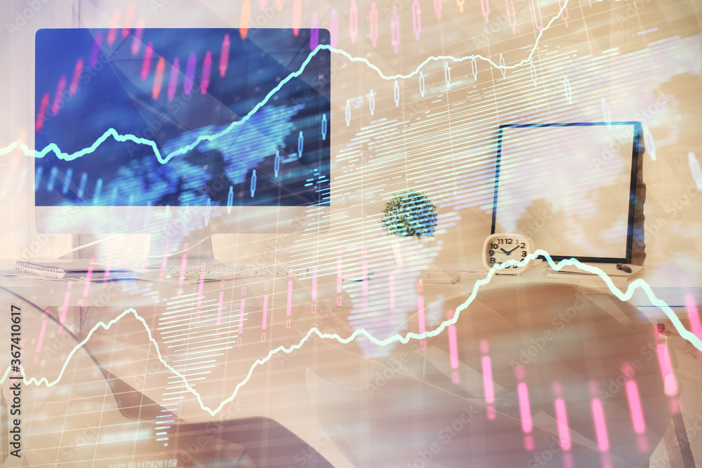 Multi exposure of stock market chart drawing and office interior background. Concept of financial analysis. Multi exposure of stock market chart drawing and office interior background. Concept of financial analysis.