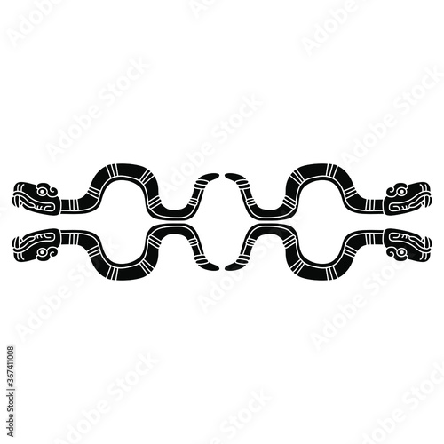Horizontal wavy decor with four snakes. Native american Mexican art of Aztec Indians. Black and white silhouette.