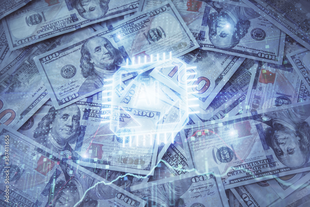 Double exposure of data theme drawing over us dollars bill background. Technology concept. Double exposure of data theme drawing over us dollars bill background. Technology concept.