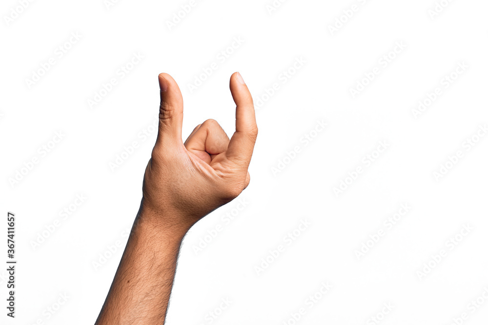 Hand of caucasian young man showing fingers over isolated white background picking and taking invisible thing, holding object with fingers showing space Hand of caucasian young man showing fingers over isolated white background picking and taking invisible thing, holding object with fingers showing space