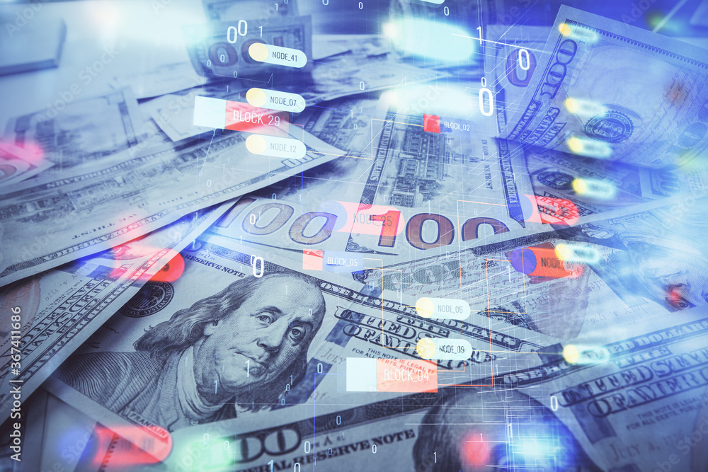 Double exposure of data theme drawing over us dollars bill background. Technology concept. Double exposure of data theme drawing over us dollars bill background. Technology concept.