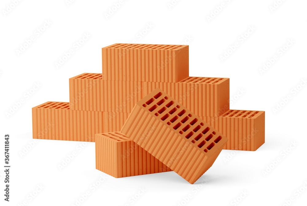 Stack of red brick stones with two single bricks in front over white background, architecture, construction or masonry concept Stack of red brick stones with two single bricks in front over white background, architecture, construction or masonry concept