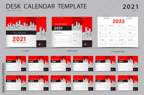 Set Desk calendar 2021 template creative design. Calendar 2022 layout, Set of 12 Months, Planner, Week starts on Sunday, Stationery design, advertisement, Modern red cover design, Vector eps10 