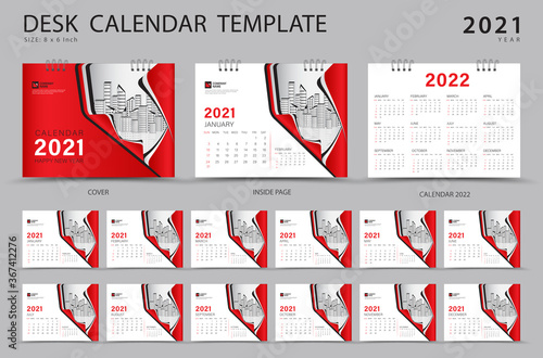 Set Desk calendar 2021 template creative design. Calendar 2022 layout, Set of 12 Months, Planner, Week starts on Sunday, Stationery design, advertisement, Modern red cover design, Vector eps10
