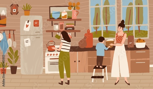 Happy family cooking dinner at kitchen together. Mother, daughter and child doing housework, household, preparing food, lunch. Home scene of daily routine, life. Flat vector cartoon illustration