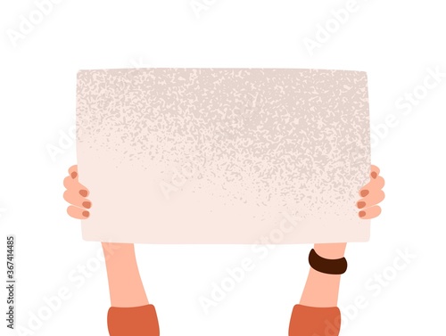 People, female hand holding poster, banner, place for text. Demonstration announcement. Woman placard, protest meeting. Flat vector cartoon illustration isolated on white background