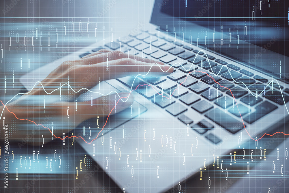 Double exposure of woman hands typing on computer and forex chart hologram drawing. Stock market analysis concept. Double exposure of woman hands typing on computer and forex chart hologram drawing. Stock market analysis concept.