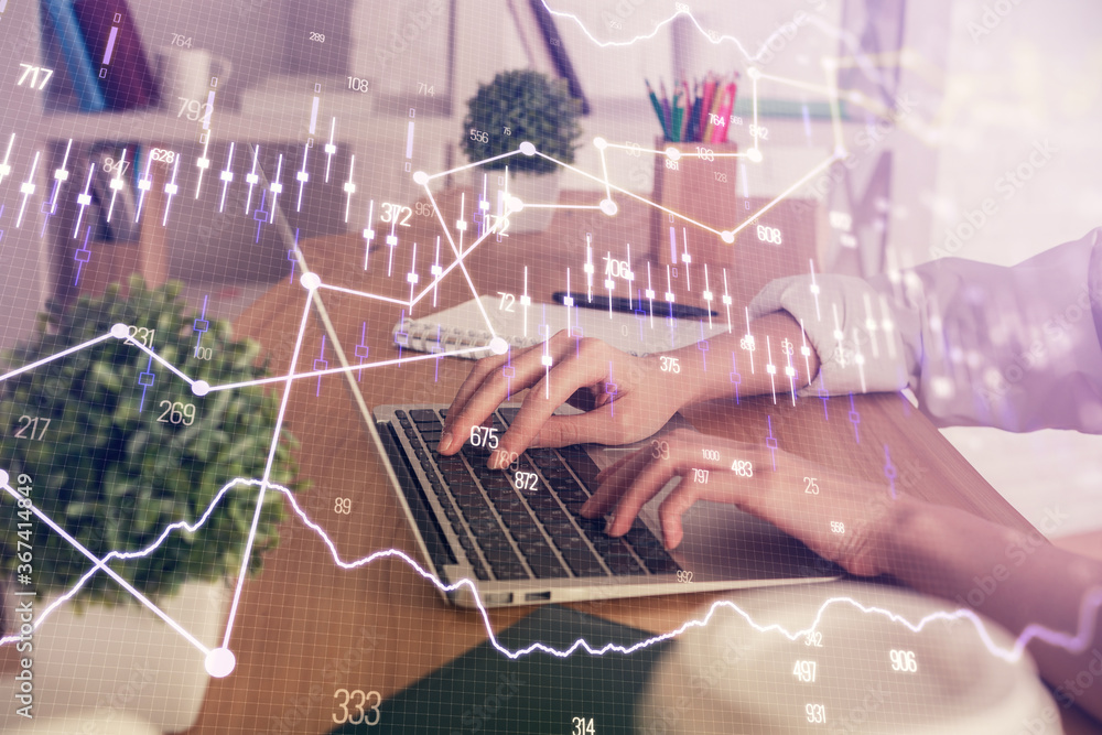 Double exposure of woman hands typing on computer and forex chart hologram drawing. Stock market invest concept. Double exposure of woman hands typing on computer and forex chart hologram drawing. Stock market invest concept.