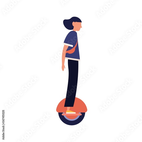 Modern girl riding electric unicycle, monocycle, mono wheel. Trendy young woman on eco friendly personal urban vehicle. Summer street. Flat vector cartoon illustration isolated on white background