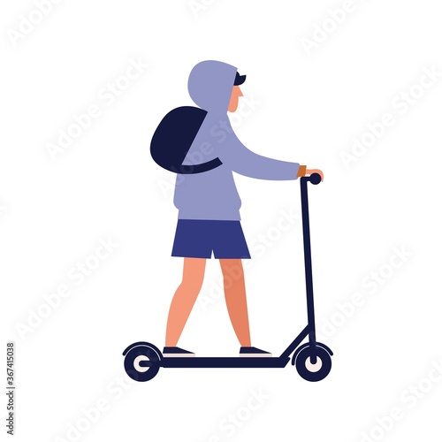 Modern guy riding electric kick scooter. Trendy young man use eco friendly personal urban vehicle. Sharing service. Millennial lifestyle. Flat vector cartoon illustration isolated on white background