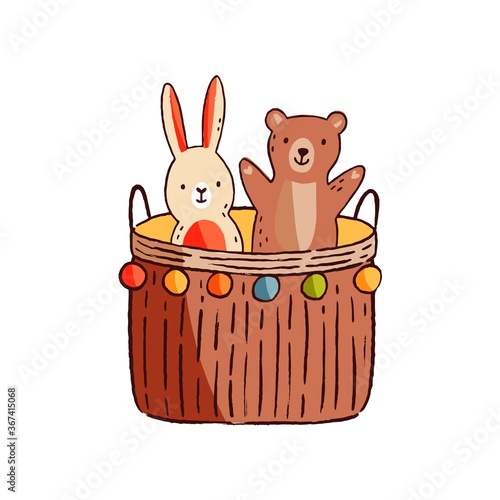 Funny cute adorable animal kid toy. Game basket with childish stuff or playthings. Hand drawn minimalistic bunny or hare and teddy bear. Flat vector cartoon illustration isolated on white background