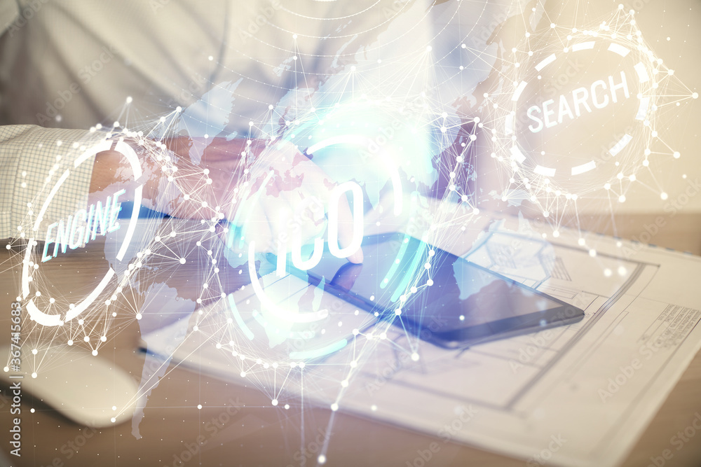 Double exposure of man's hands holding and using a phone and crypto currency blockchain theme drawing. Double exposure of man's hands holding and using a phone and crypto currency blockchain theme drawing.