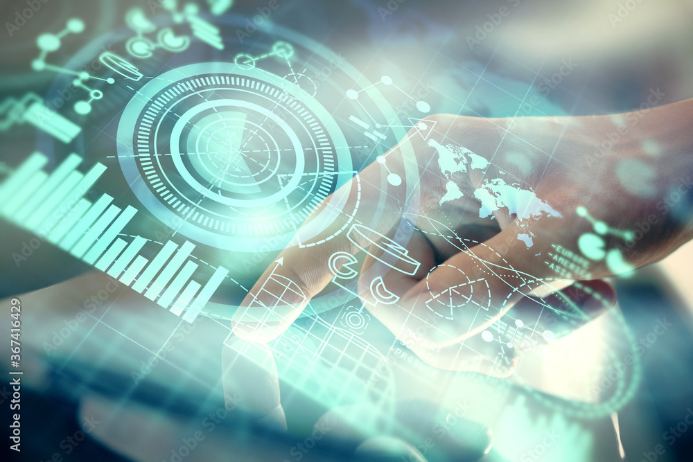 Double exposure of man's hands holding and using a phone and international business theme drawing. Double exposure of man's hands holding and using a phone and international business theme drawing.