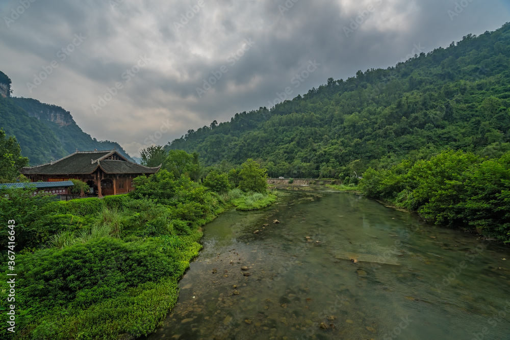 River flowing through karst mountain scenery in China
