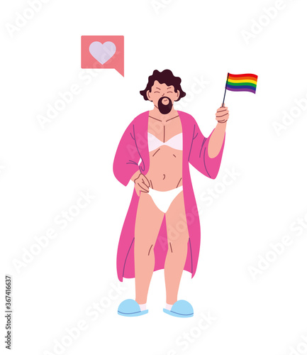 transvestite man cartoon with lgbti flag and heart bubble vector design