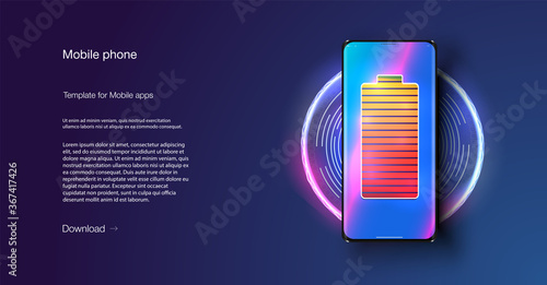 Futuristic phone is charged wirelessly on a blue background. Wireless charging. Wireless charging of the smartphone battery. Future concept. The progress of charging the battery of the phone. Vector