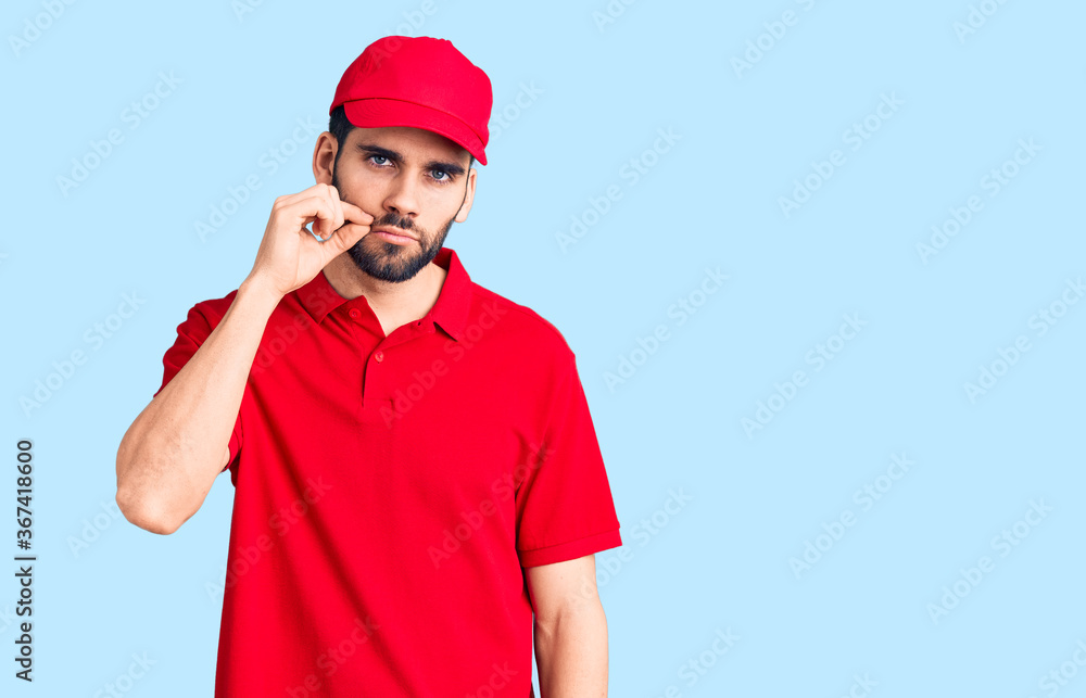 Young handsome man with beard wearing delivery uniform mouth and lips shut as zip with fingers. secret and silent, taboo talking Young handsome man with beard wearing delivery uniform mouth and lips shut as zip with fingers. secret and silent, taboo talking