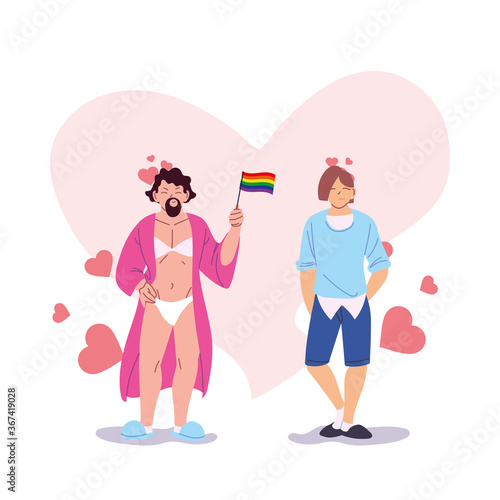 lgtbi men cartoons with hearts and flag vector design