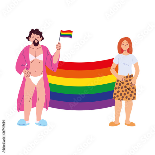 woman and transvestite man cartoons with lgbti flag vector design