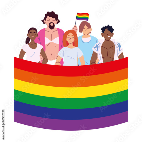 women and men cartoons with lgbti flag vector design