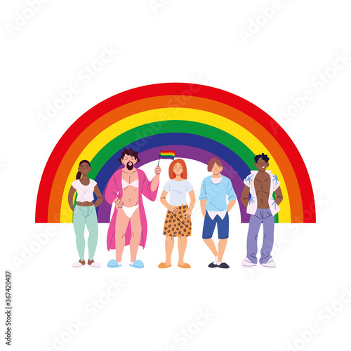 women and men cartoons with lgbti rainbow vector design