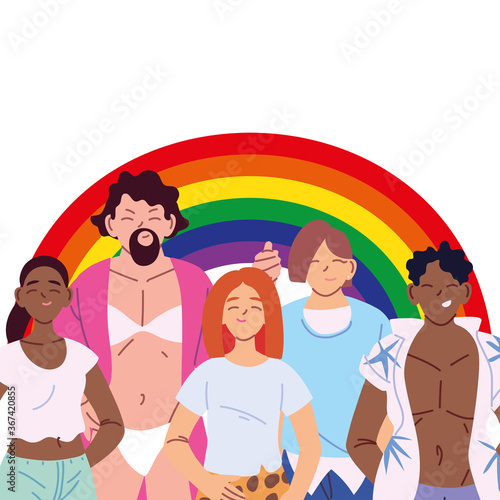 women and men cartoons with lgbti rainbow vector design