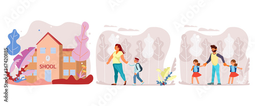 Mother and father leading their children to school