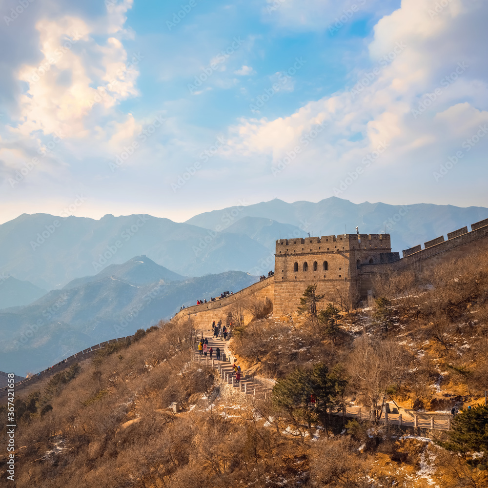 Beijing, China - Jan 14 2020: The Great wall of China at Badaling built in Ming Dynasty, it's the most poppular section for tourist by millions annually