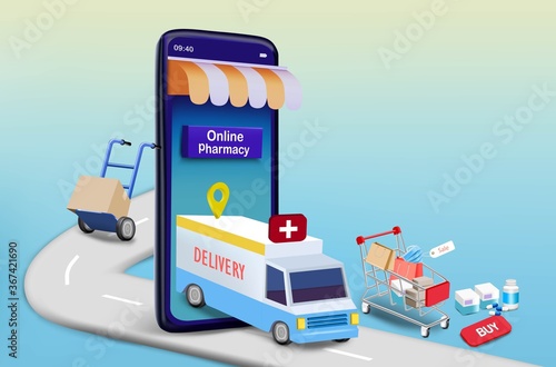 Delivery truck  with medicine and  box  for online pharmacy	