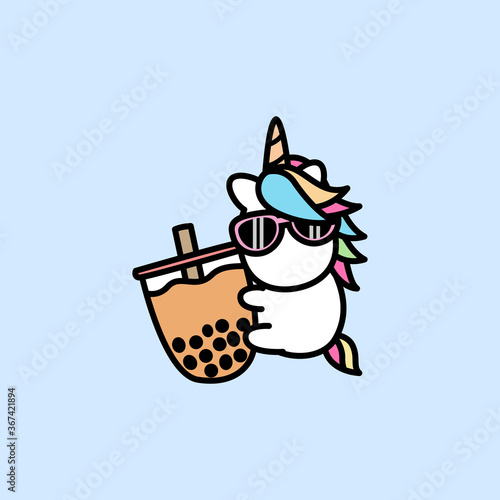 Cute Unicorn loves bubble tea cartoon, vector illustration