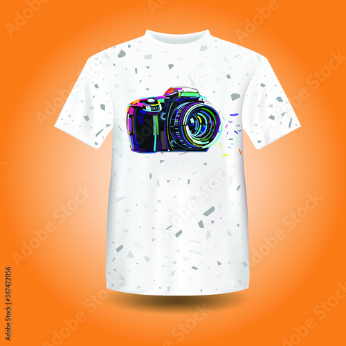 t-shirt design with a logo of a camera. 3d printed design DSLR camera logo. vector illustration