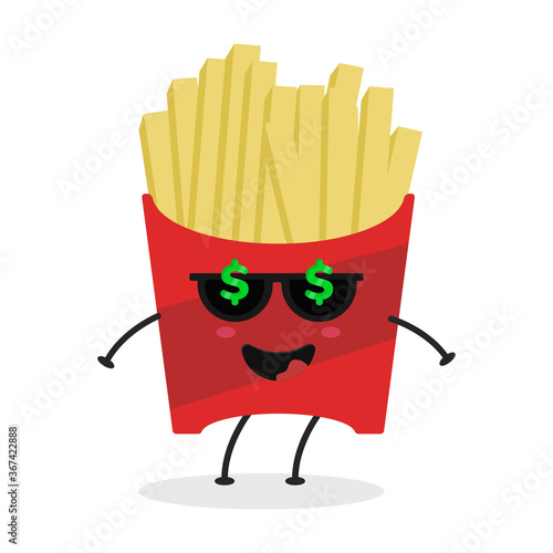 Cute flat cartoon french fries illustration. Vector illustration of cute fries with a smiling expression.