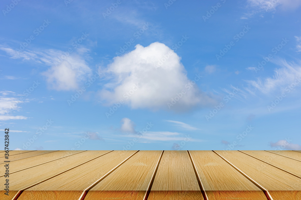 Empty Wooden Desk over Blue Sky Scene, Empty Wooden Desk over Blue Sky Scene,