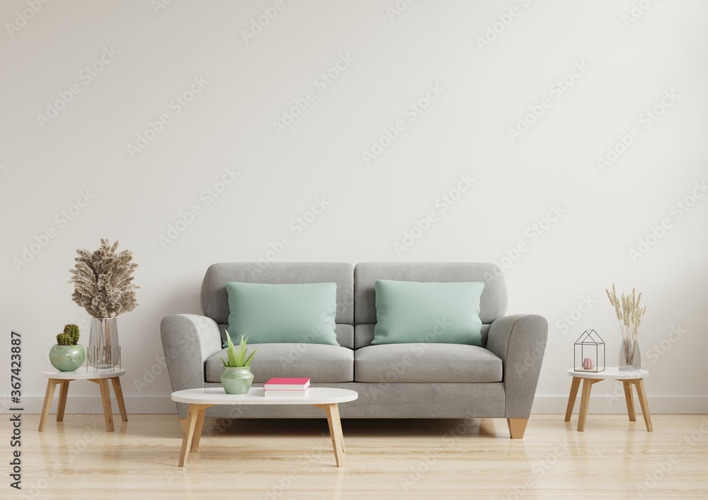 Plakat Bright and cozy modern living room interior have sofa and lamp with white wall background.