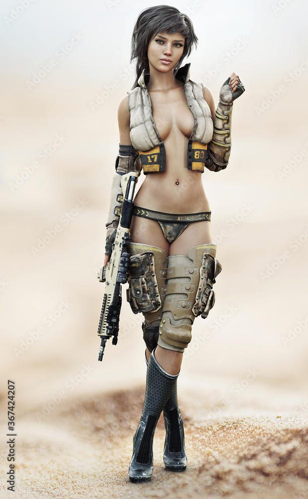 Portrait of a futuristic sci fi female soldier with short brown hair wearing sexy military attire with a rifle at her side. 3d rendering - obrazy, fototapety, plakaty 