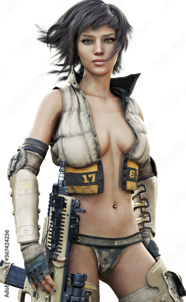 Portrait of a futuristic sci fi female soldier with short brown hair wearing sexy military attire with a rifle at her side. 3d rendering on a white background Portrait of a futuristic sci fi female soldier with short brown hair wearing sexy military attire with a rifle at her side. 3d rendering on a white background