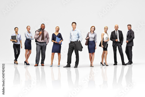 Business team concept. Group of diverse adult business professionals standing casually in a studio setting. 3d rendering